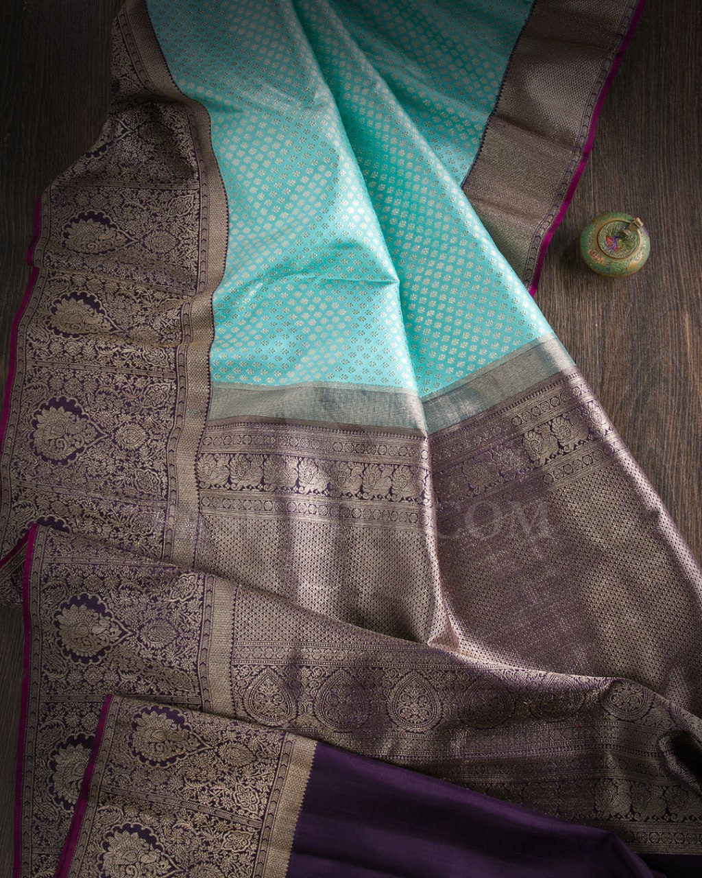 Aqua Blue & Purple Kanjivaram Style Silk Saree - view 10 of 12
