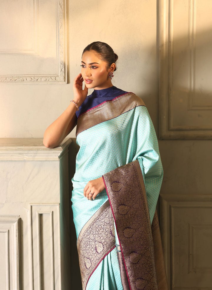 Aqua Blue & Purple Kanjivaram Style Silk Saree - view 3 of 12