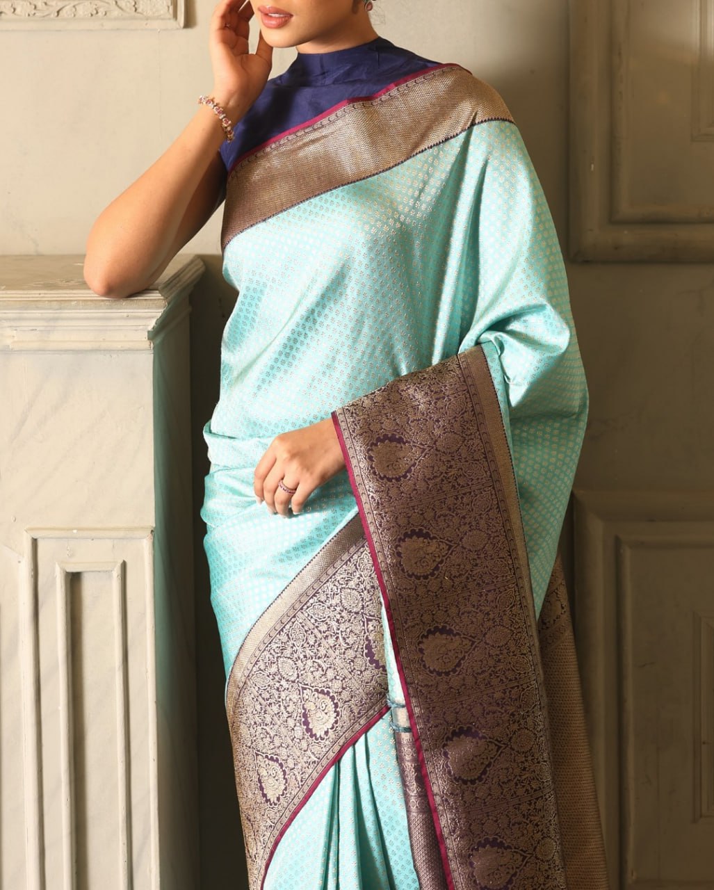 Aqua Blue & Purple Kanjivaram Style Silk Saree - view 5 of 12