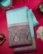 Aqua Blue & Purple Kanjivaram Style Silk Saree - view 9 of 12