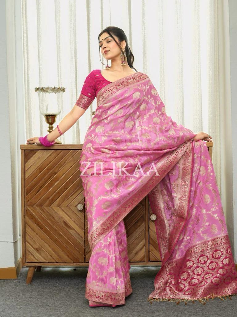 Baby Pink Elephant Banarasi Silk Saree - view 11 of 19