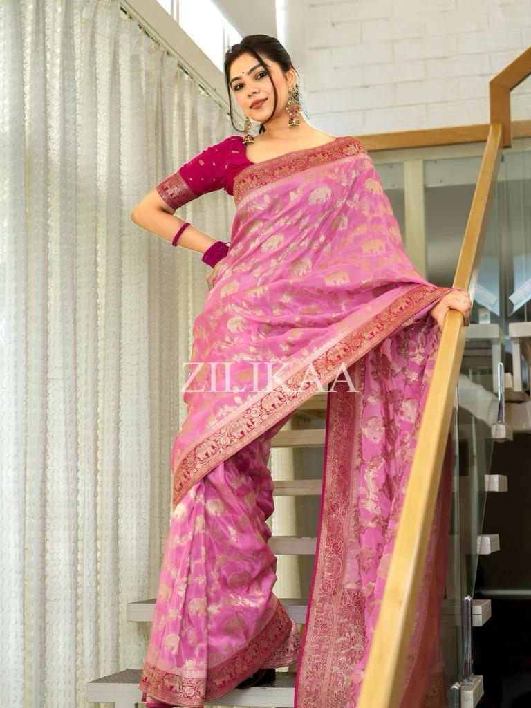Baby Pink Elephant Banarasi Silk Saree - view 12 of 19