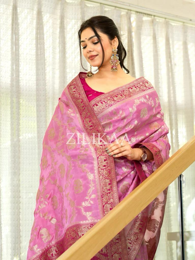 Baby Pink Elephant Banarasi Silk Saree - view 16 of 19