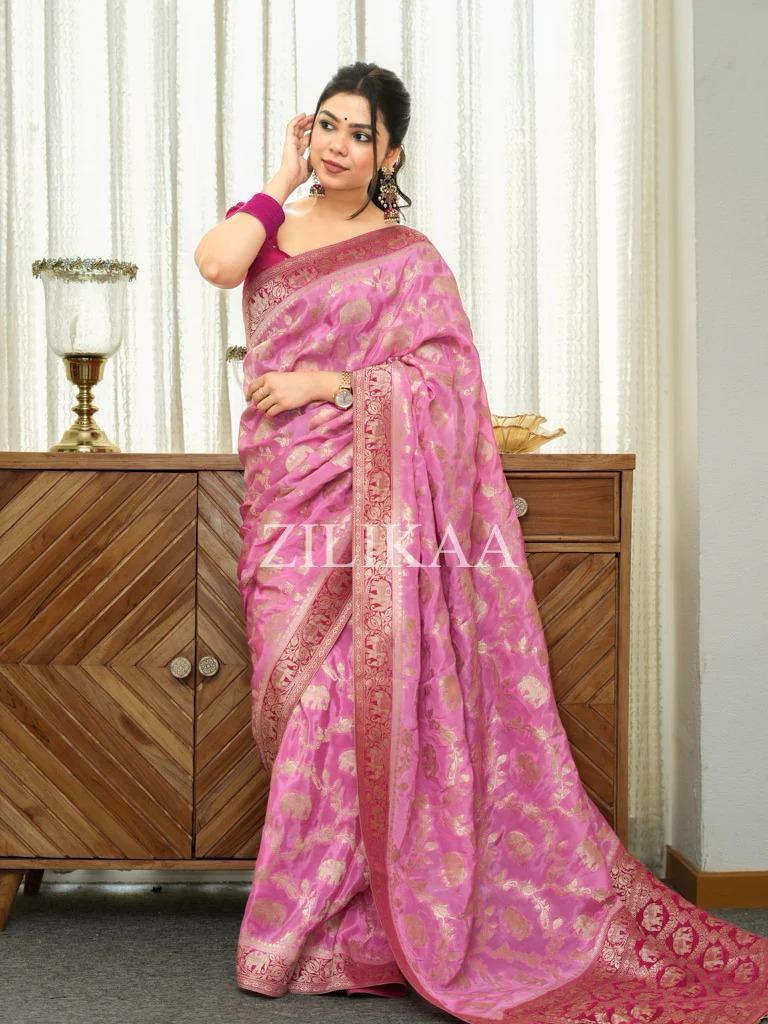 Baby Pink Elephant Banarasi Silk Saree - view 19 of 19