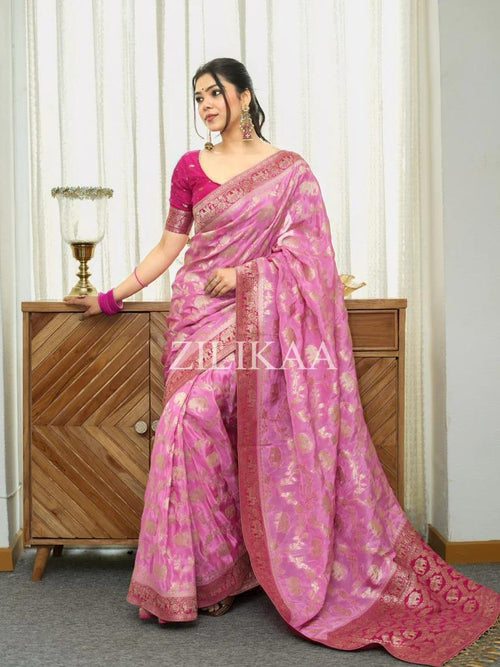 Baby Pink Elephant Banarasi Silk Saree - view 2 of 19