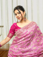 Baby Pink Elephant Banarasi Silk Saree - view 3 of 19