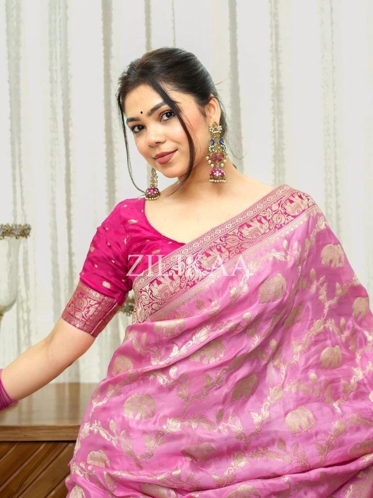 Baby Pink Elephant Banarasi Silk Saree - view 3 of 19