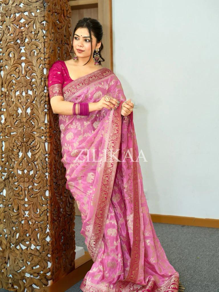 Baby Pink Elephant Banarasi Silk Saree - view 5 of 19