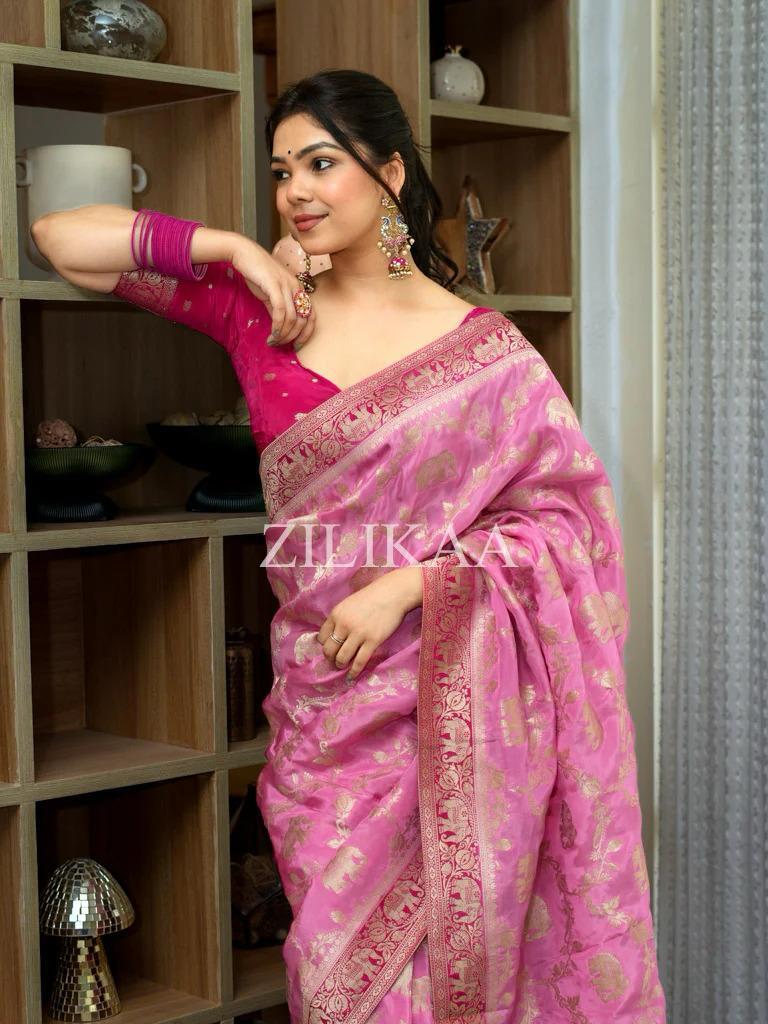 Baby Pink Elephant Banarasi Silk Saree - view 9 of 19