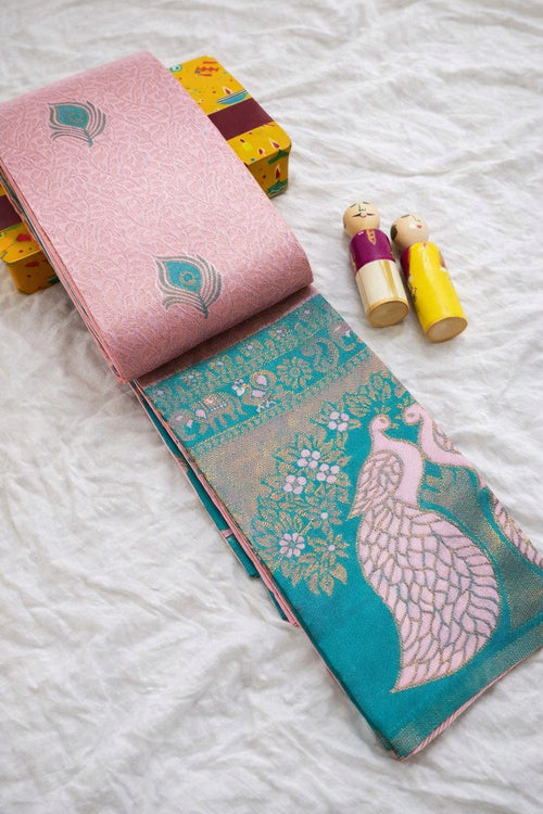 Baby Pink & Teal Peacock Zari Soft Silk Saree - view 2 of 4