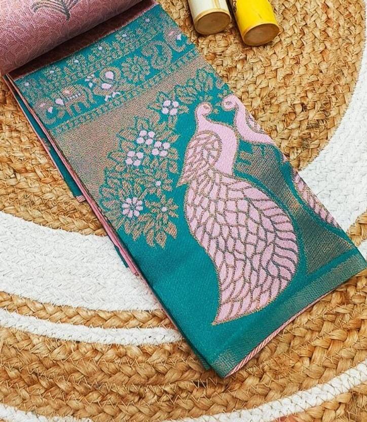 Baby Pink & Teal Peacock Zari Soft Silk Saree - view 3 of 4