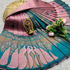 Baby Pink & Teal Peacock Zari Soft Silk Saree - view 4 of 4