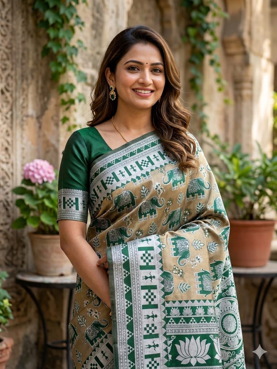 Beige & Bottle Green Elephant Weave Silk Saree - Shivay Libas