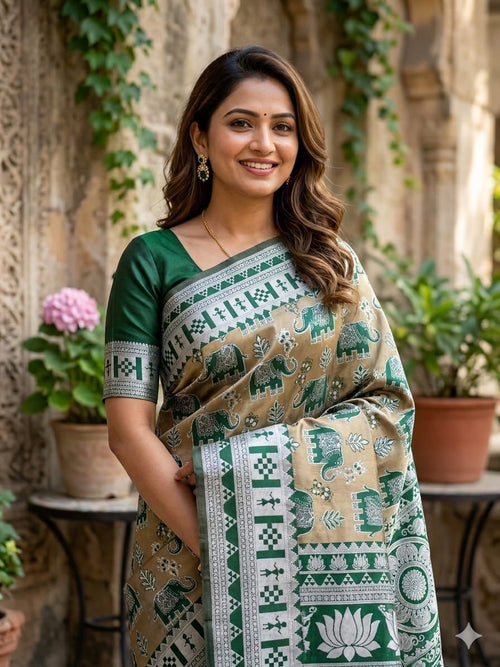 Beige & Bottle Green Elephant Weave Silk Saree - Shivay Libas