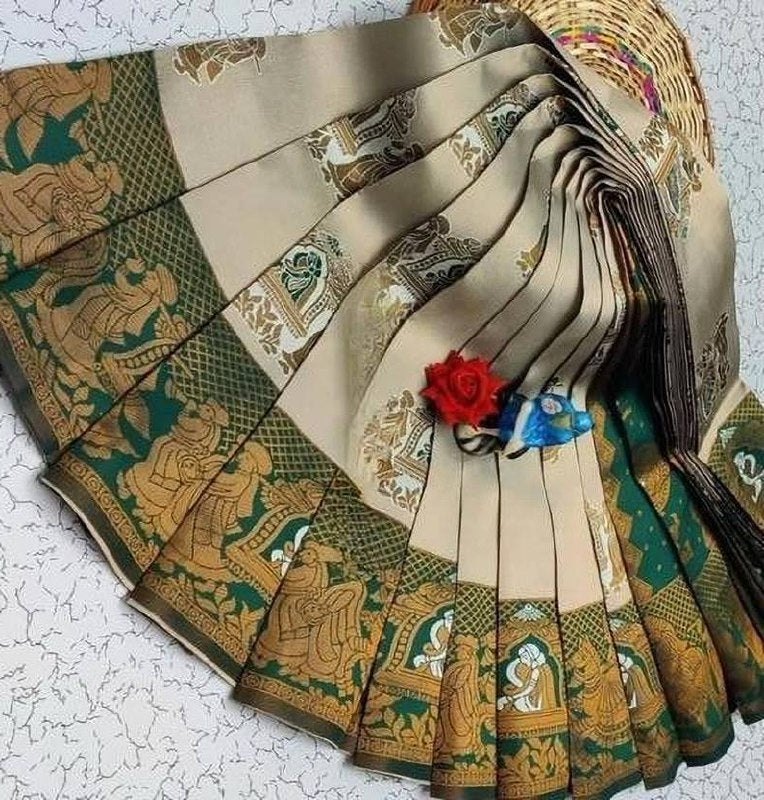 Beige & Bottle Green Paithani Doli Silk Saree - view 2 of 4