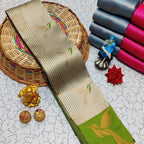 Beige & Parrot Green Leaf Motif Soft Silk Saree - Shivay Libas