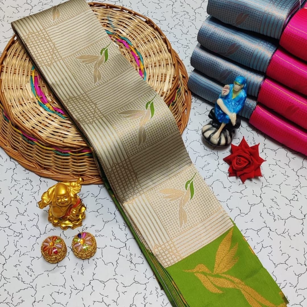Beige & Parrot Green Leaf Motif Soft Silk Saree - Shivay Libas
