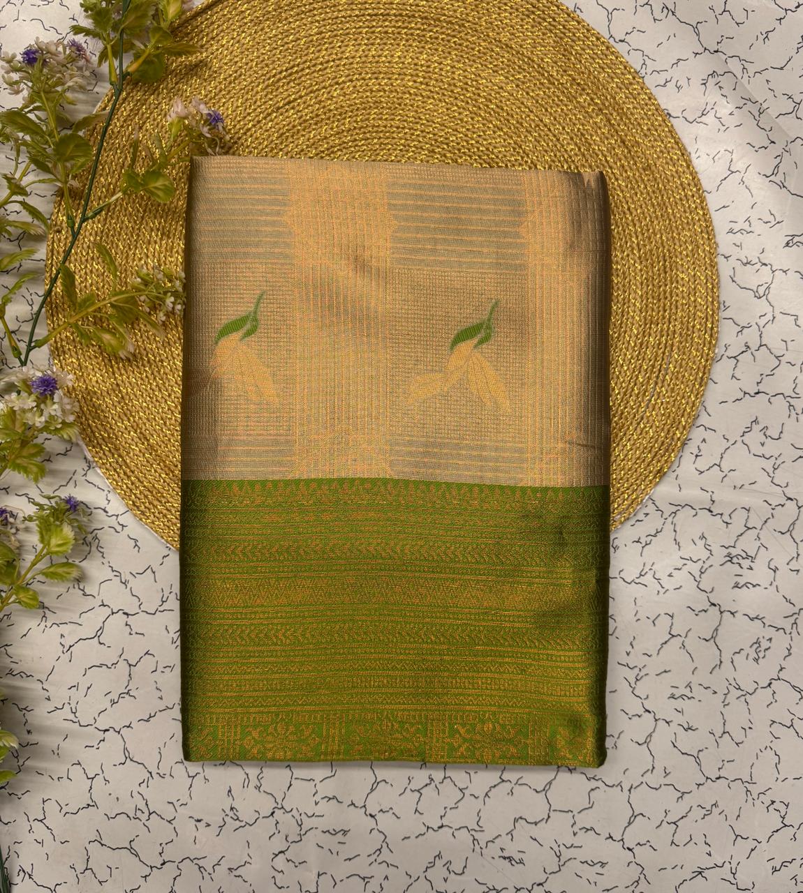 Beige & Parrot Green Leaf Motif Soft Silk Saree - view 2 of 6