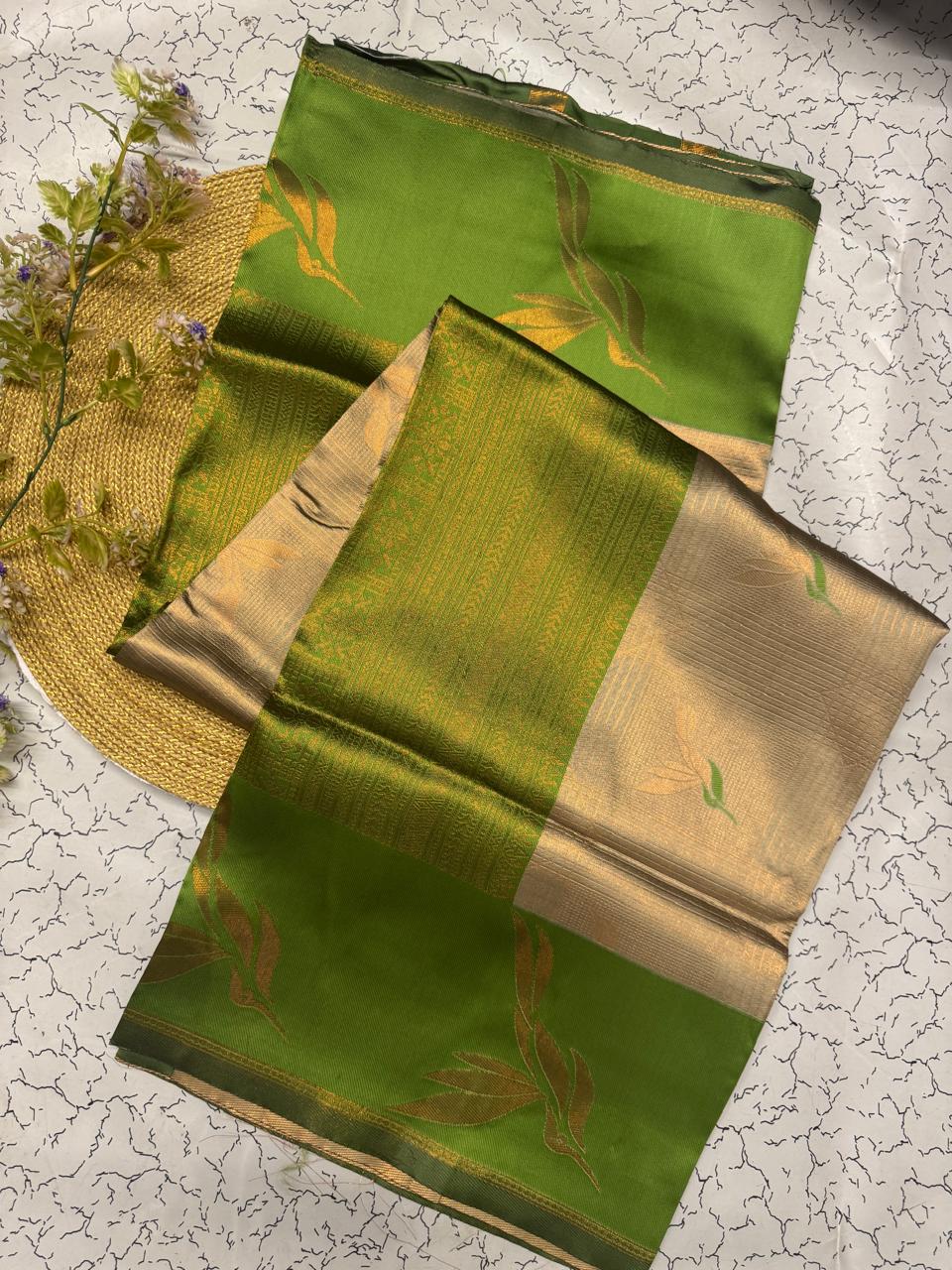 Beige & Parrot Green Leaf Motif Soft Silk Saree - view 3 of 6
