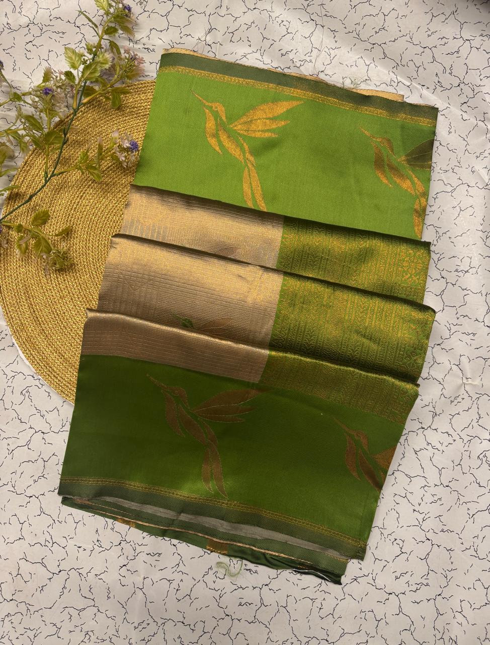 Beige & Parrot Green Leaf Motif Soft Silk Saree - view 4 of 6