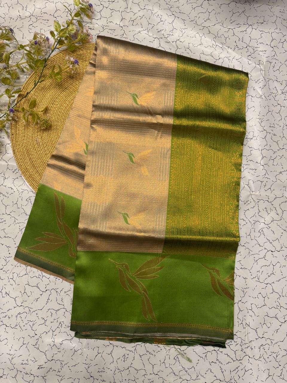 Beige & Parrot Green Leaf Motif Soft Silk Saree - view 5 of 6