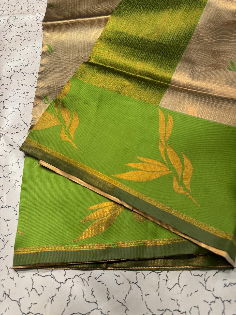 Beige & Parrot Green Leaf Motif Soft Silk Saree - view 6 of 6