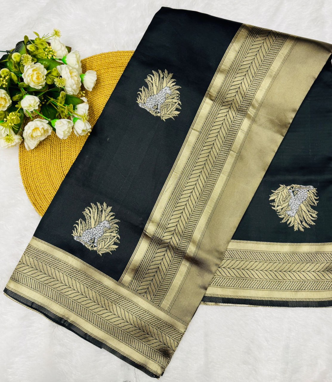 Black Banarasi Silk Saree with Zari Motifs - view 10 of 11