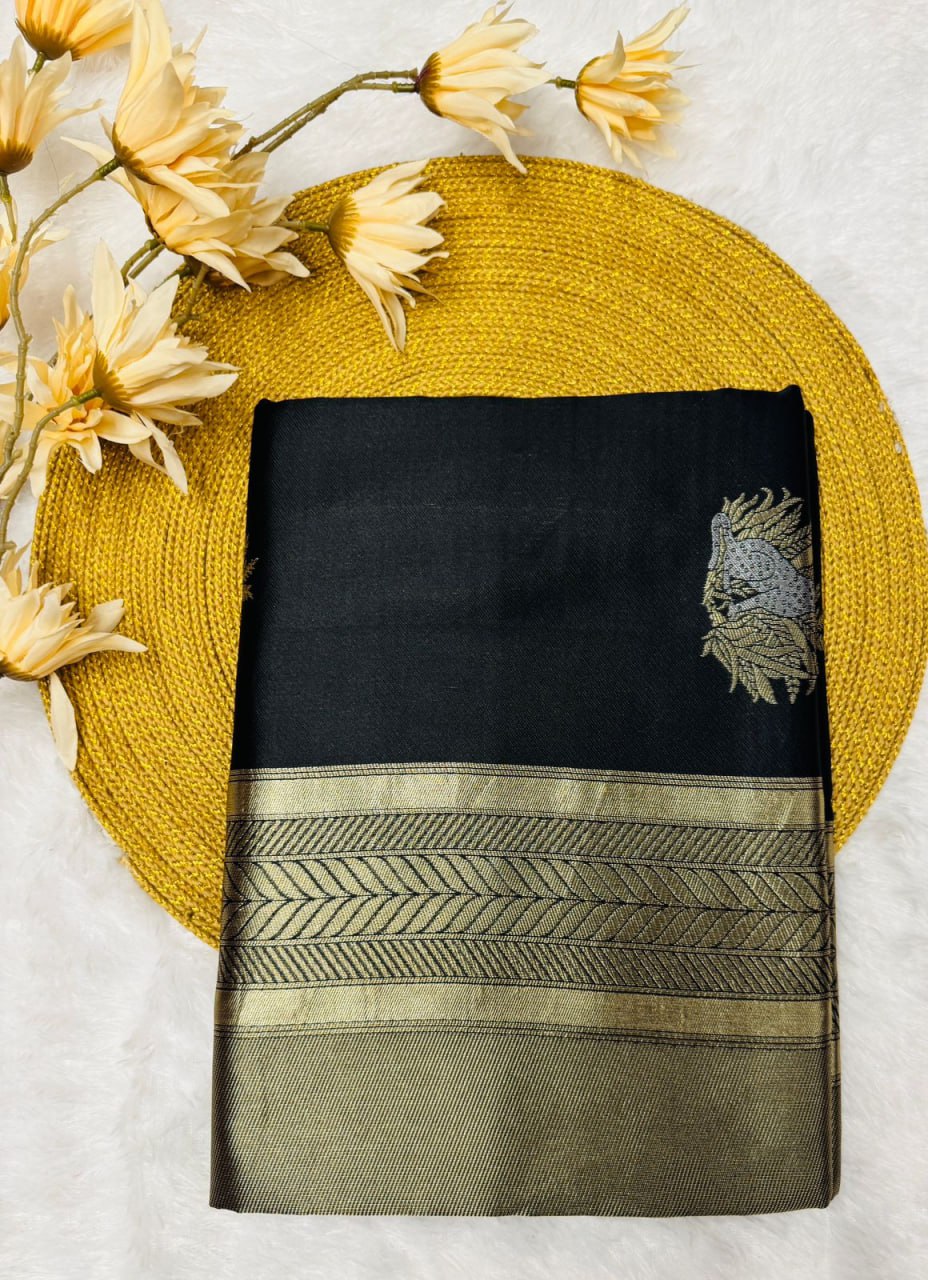 Black Banarasi Silk Saree with Zari Motifs - view 11 of 11