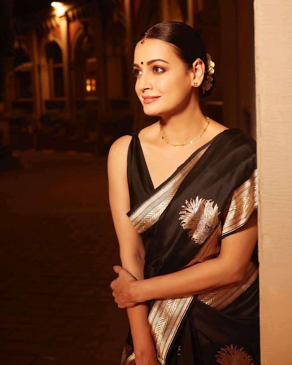 Black Banarasi Silk Saree with Zari Motifs - view 2 of 11