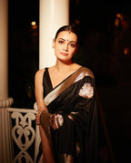 Black Banarasi Silk Saree with Zari Motifs - view 3 of 11