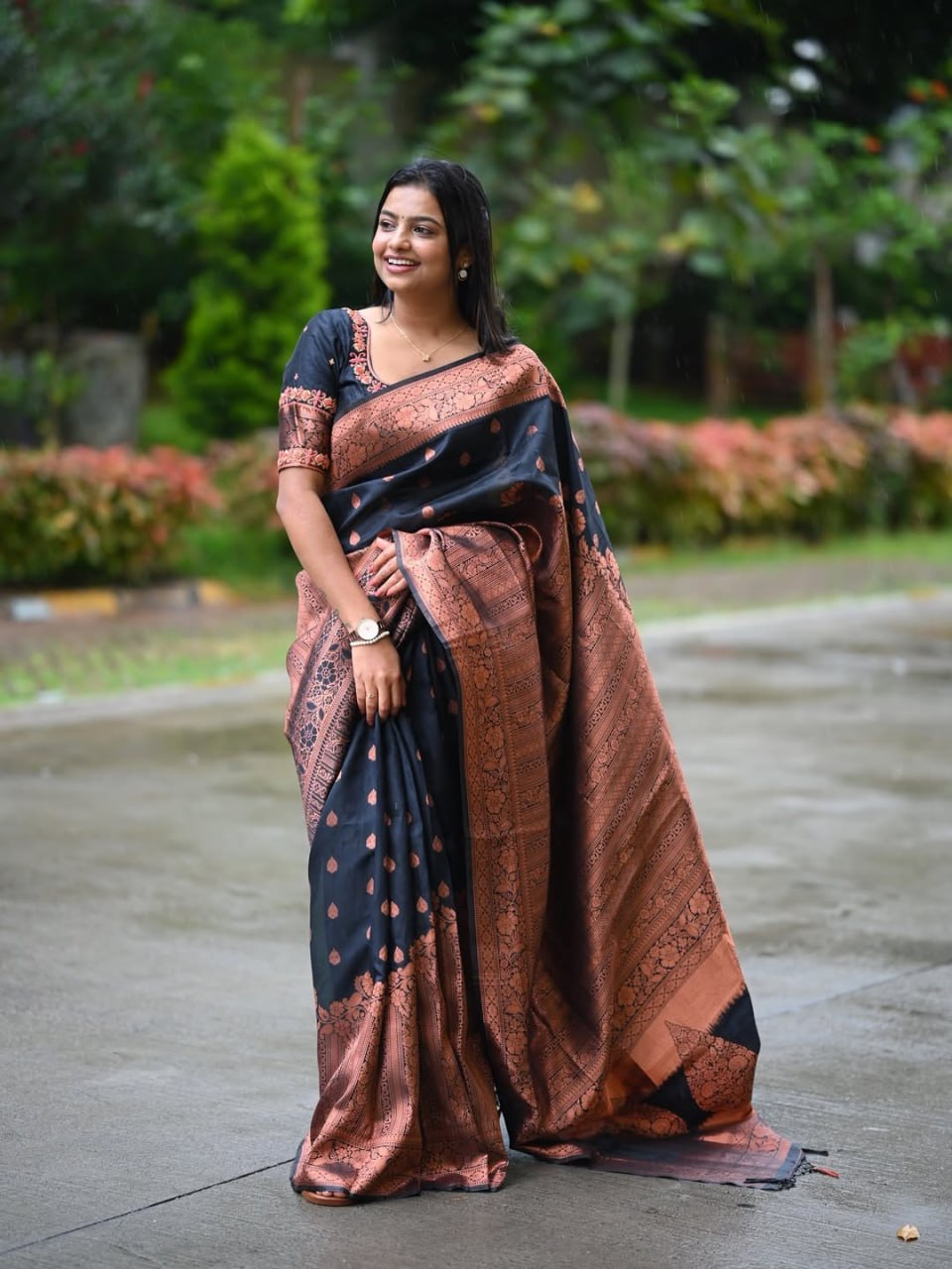 Black & Copper Zari Silk Saree - Shivay Libas