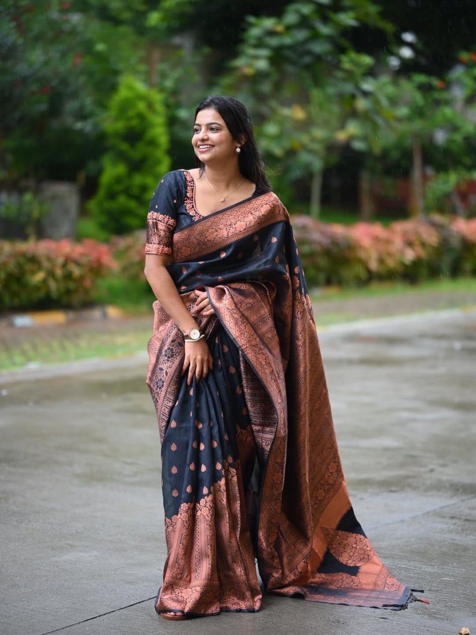 Black & Copper Zari Silk Saree - view 3 of 16