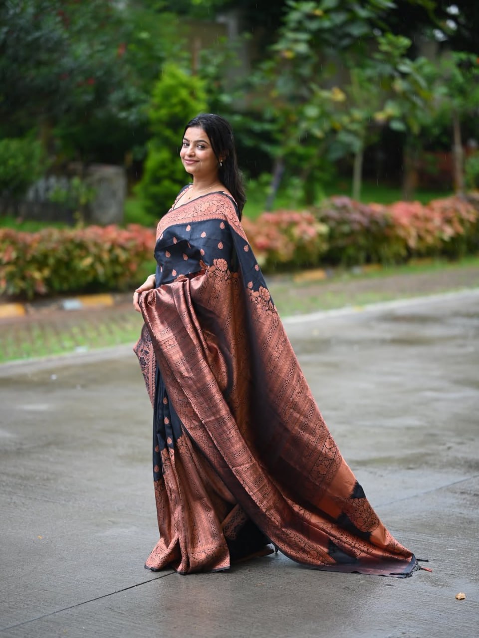 Black & Copper Zari Silk Saree - view 4 of 16