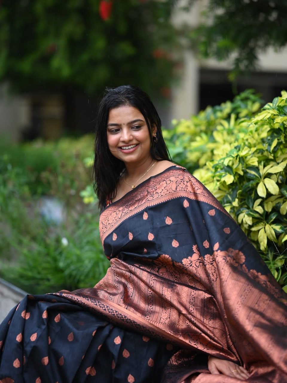 Black & Copper Zari Silk Saree - view 9 of 16