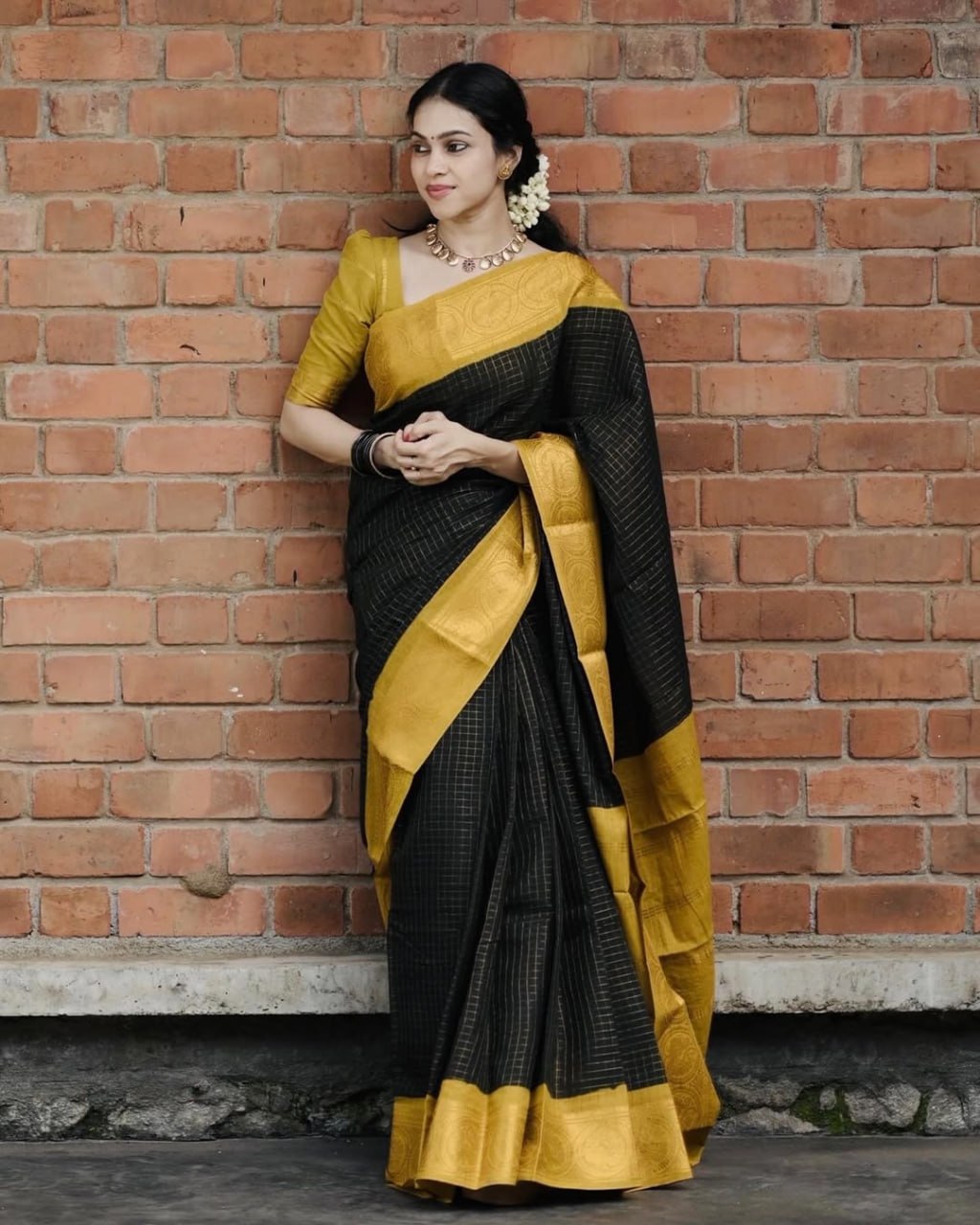 Black & Mustard Border Silk Saree - Shivay Libas