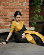 Black & Mustard Border Silk Saree - view 2 of 8