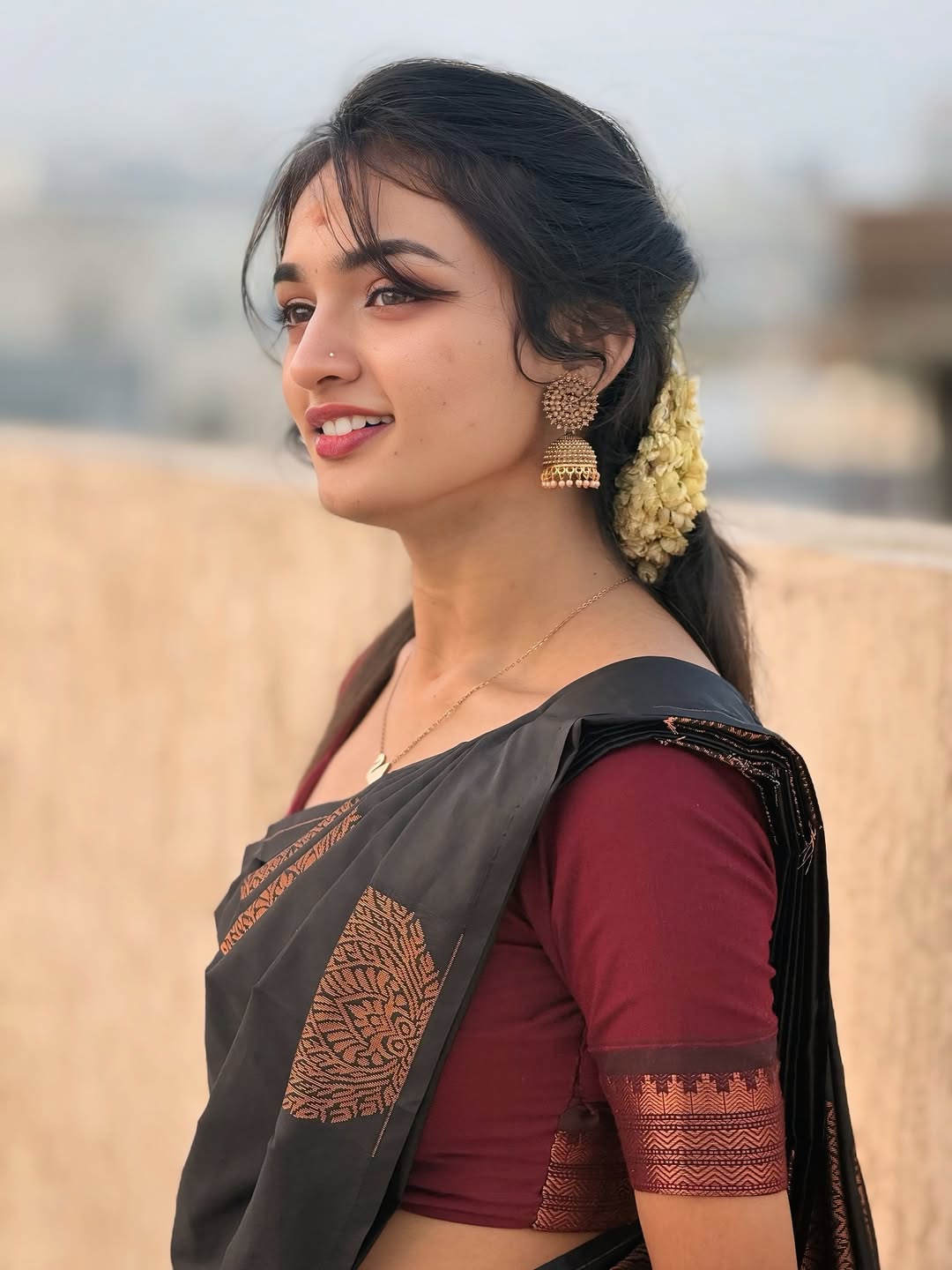 Black Silk Saree with Maroon Zari Border - view 3 of 9