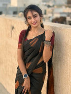 Black Silk Saree with Maroon Zari Border - view 4 of 9