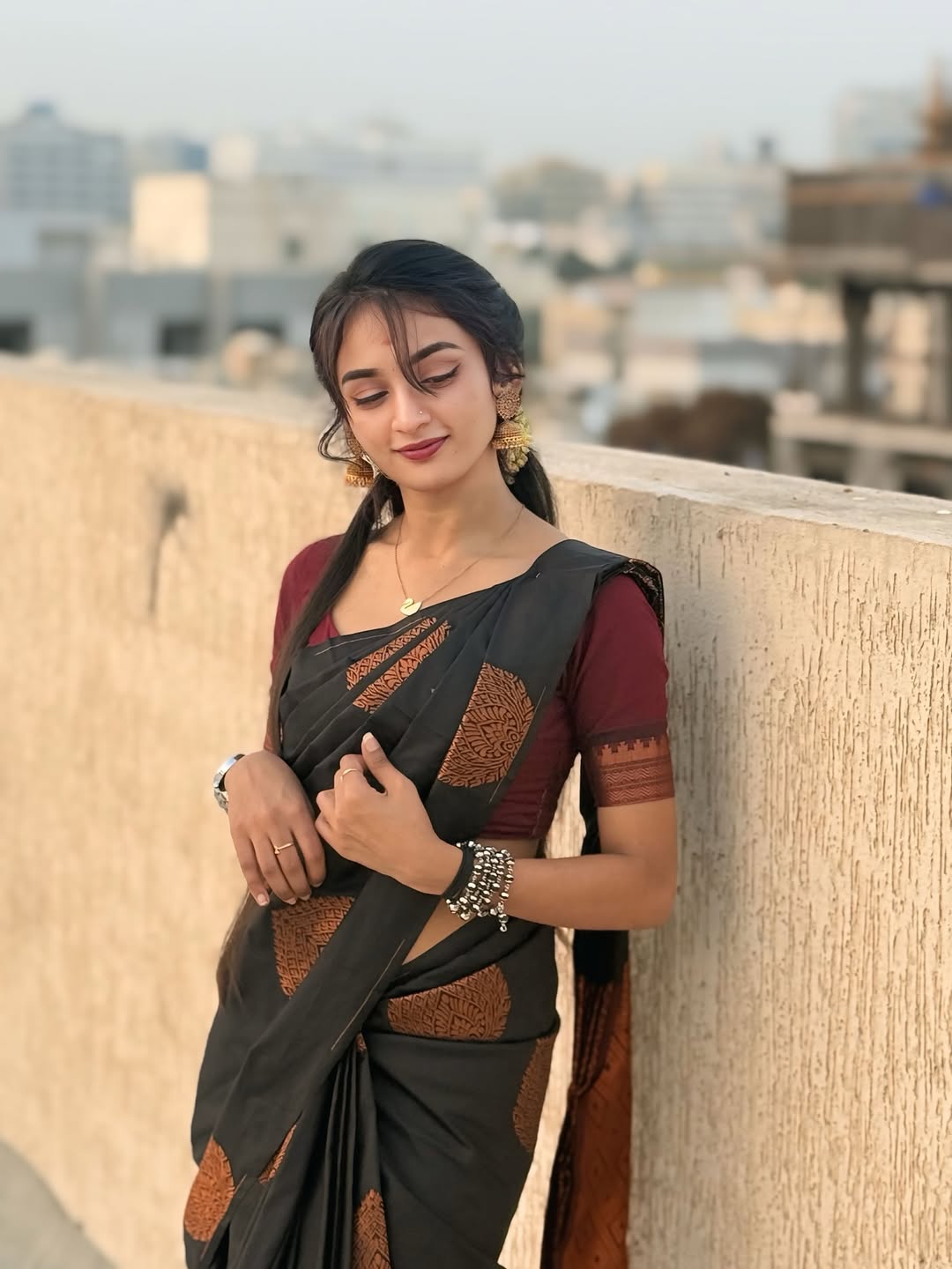 Black Silk Saree with Maroon Zari Border - view 5 of 9
