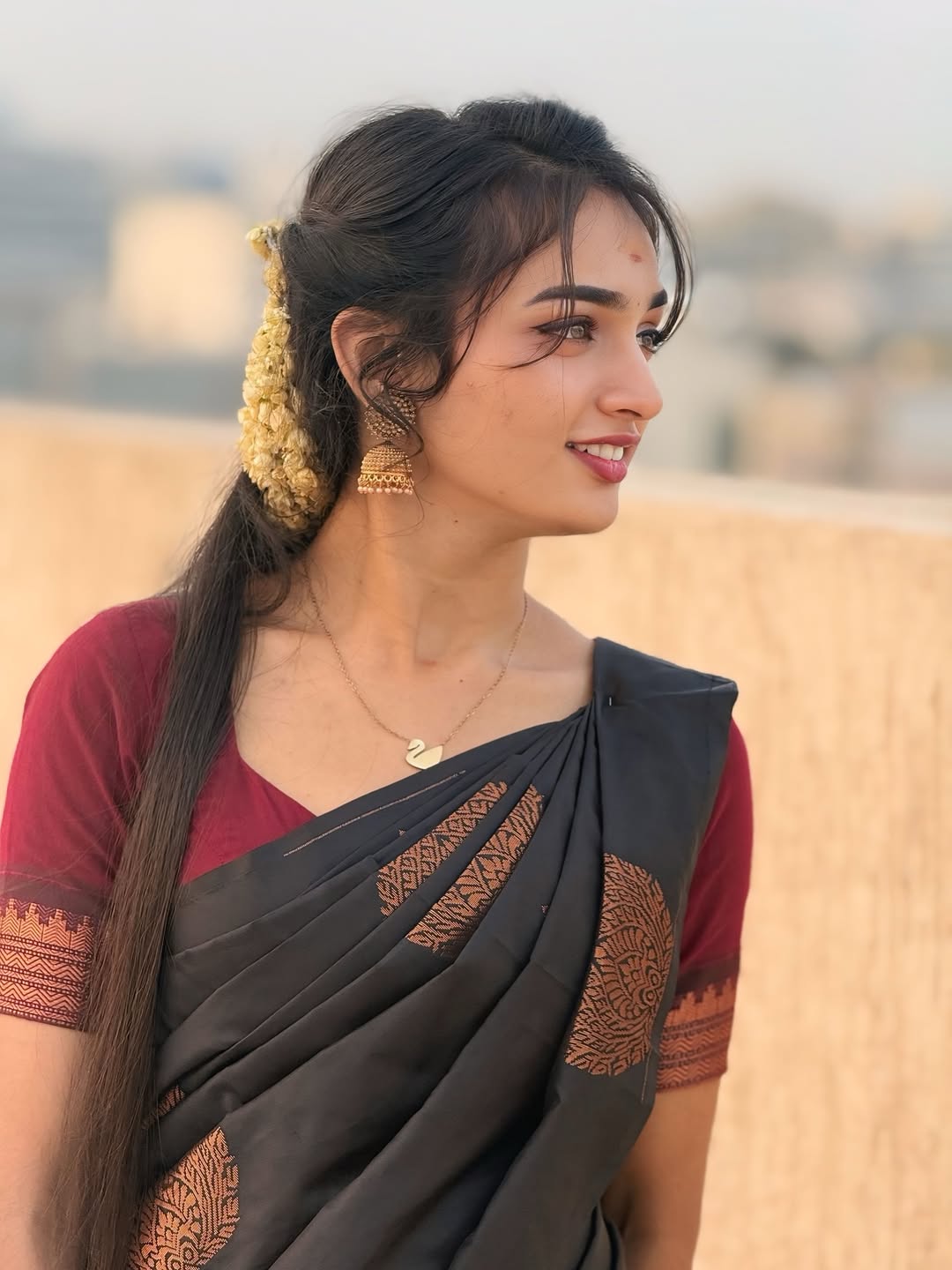 Black Silk Saree with Maroon Zari Border - view 9 of 9