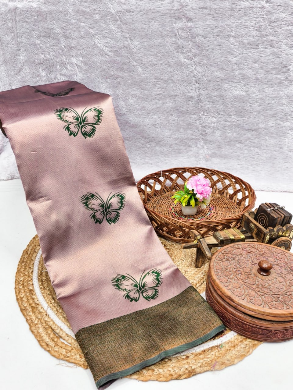Blush Pink Butterfly Jacquard Silk Saree - Shivay Libas