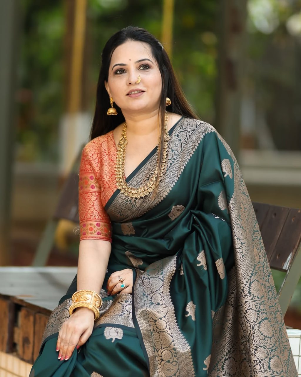 Bottle Green Banarasi Silk Saree - Shivay Libas