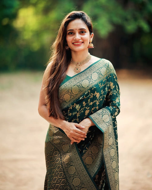 Bottle Green Banarasi Silk Saree with Zari Jaal - Shivay Libas