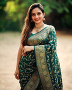 Bottle Green Banarasi Silk Saree with Zari Jaal - view 2 of 5