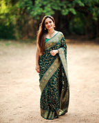 Bottle Green Banarasi Silk Saree with Zari Jaal - view 4 of 5