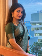 Bottle Green Banarasi Zari Silk Saree - view 4 of 14
