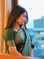 Bottle Green Banarasi Zari Silk Saree - view 5 of 14