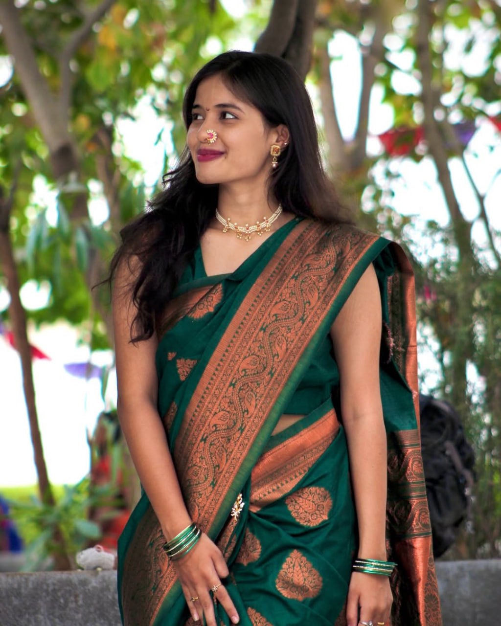 Bottle Green & Copper Silk Saree - Shivay Libas