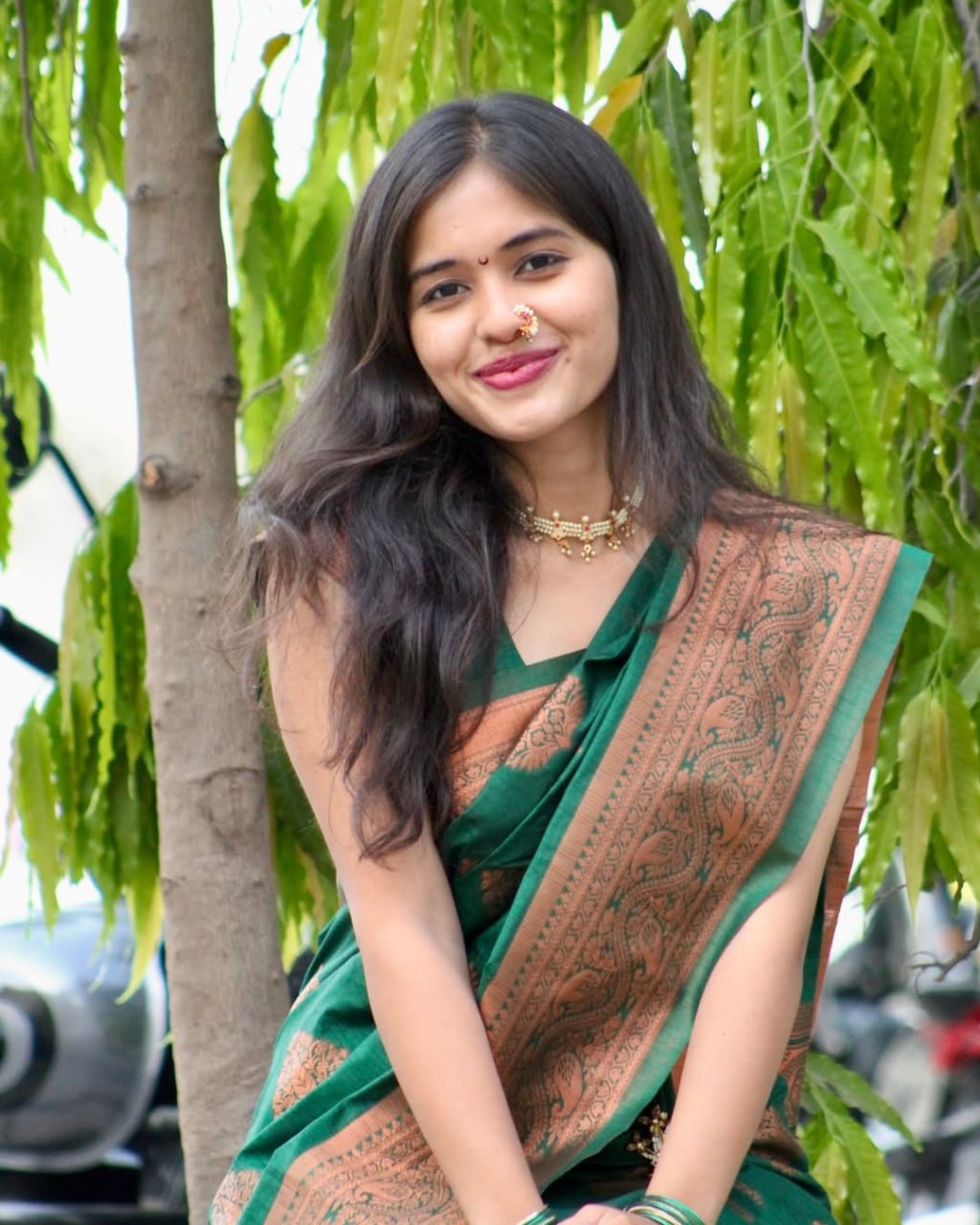 Bottle Green & Copper Silk Saree - view 2 of 5