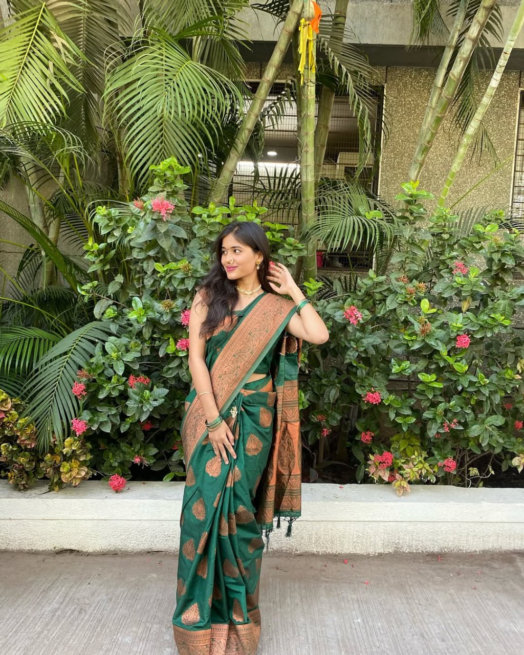 Bottle Green & Copper Silk Saree - view 4 of 5